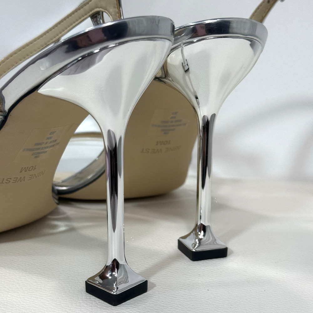 Nine West Heels Pumps Silver Faux Leather Stiletto Open Toe Wo's Size 10 - Picture 7 of 14